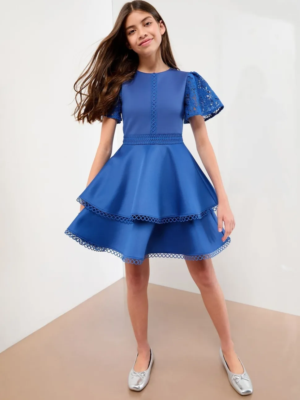 Lipsy Cobalt Blue Lace Angel Sleeve Scuba Occasion Dress (5-16yrs)