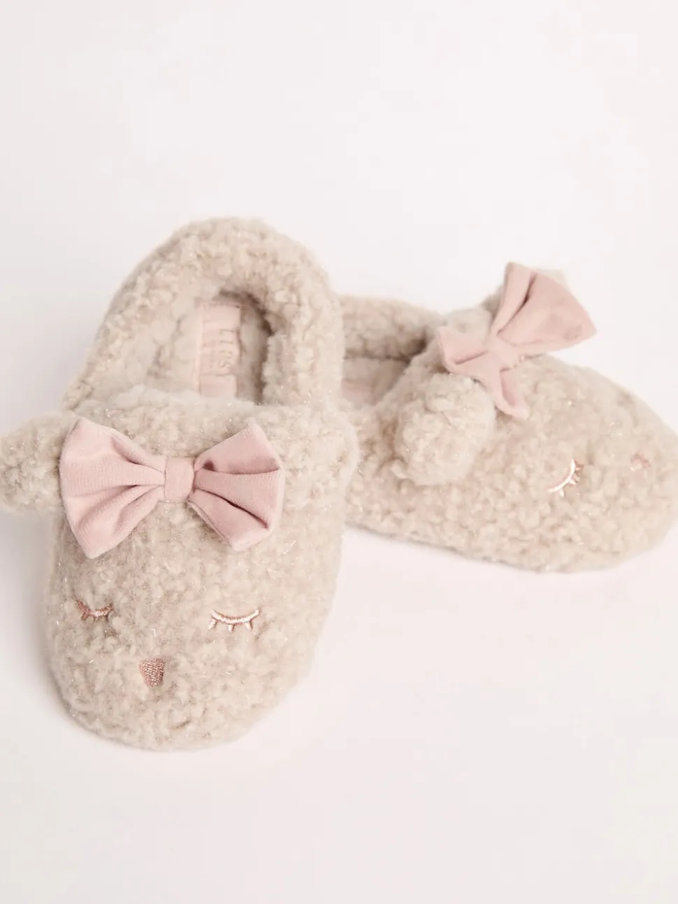 Lipsy Cream Faux Fur Teddy Bear Fluffy Bow Closed Toe Mule Slippers