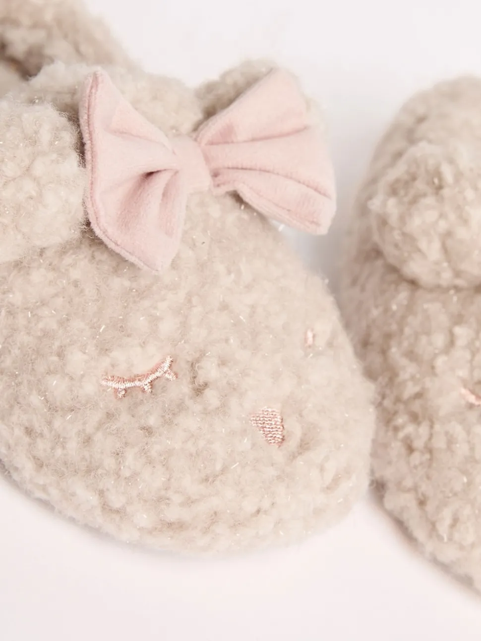 Lipsy Cream Faux Fur Teddy Bear Fluffy Bow Closed Toe Mule Slippers