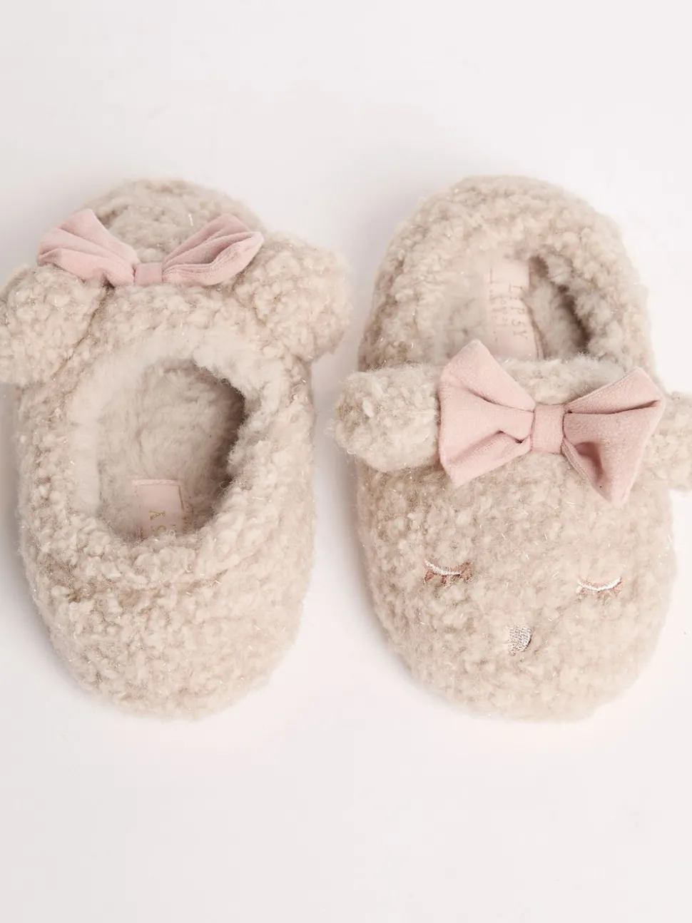 Lipsy Cream Faux Fur Teddy Bear Fluffy Bow Closed Toe Mule Slippers
