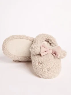 Lipsy Cream Faux Fur Teddy Bear Fluffy Bow Closed Toe Mule Slippers