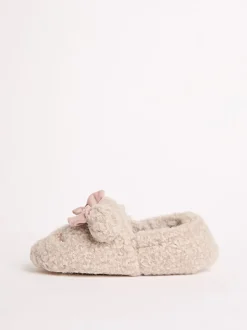 Lipsy Cream Faux Fur Teddy Bear Fluffy Bow Closed Toe Mule Slippers