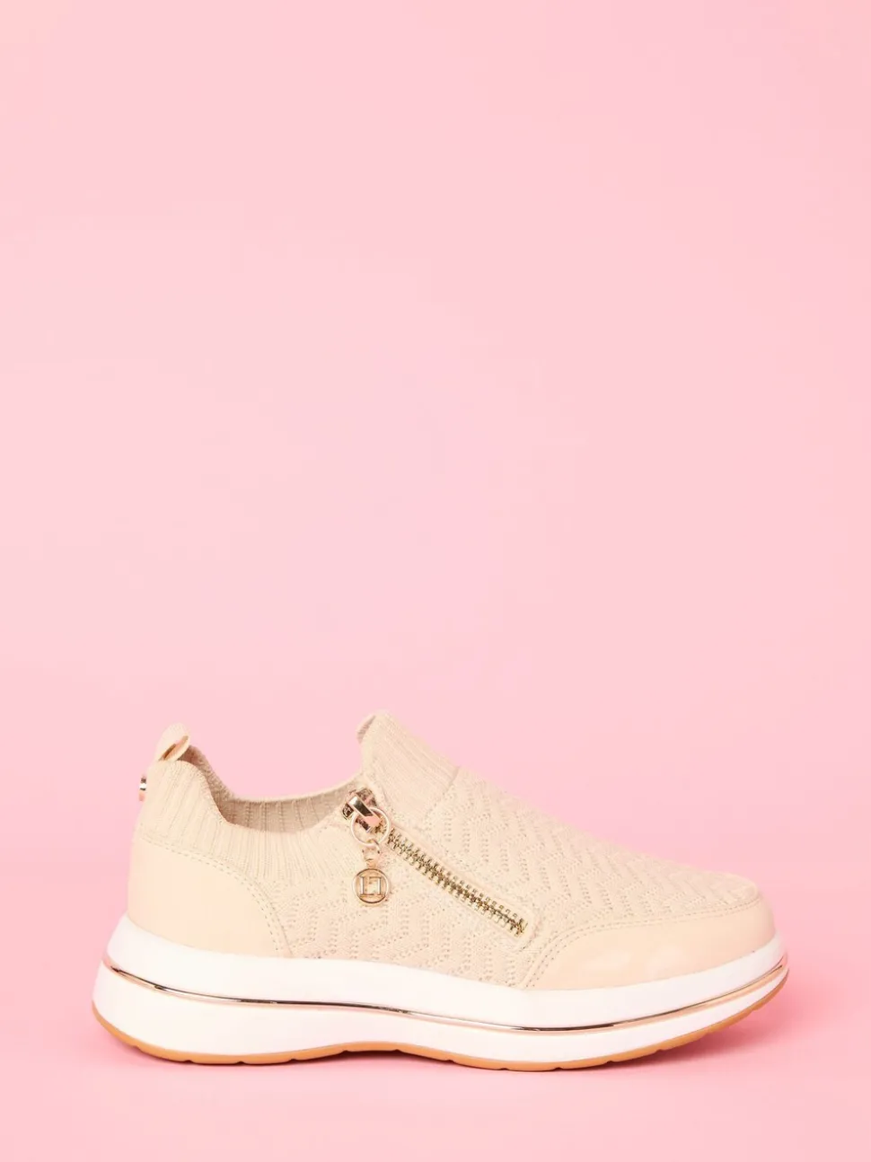 Lipsy Cream Pull On Side Zip Stretch Knit Chunky Runner Trainers