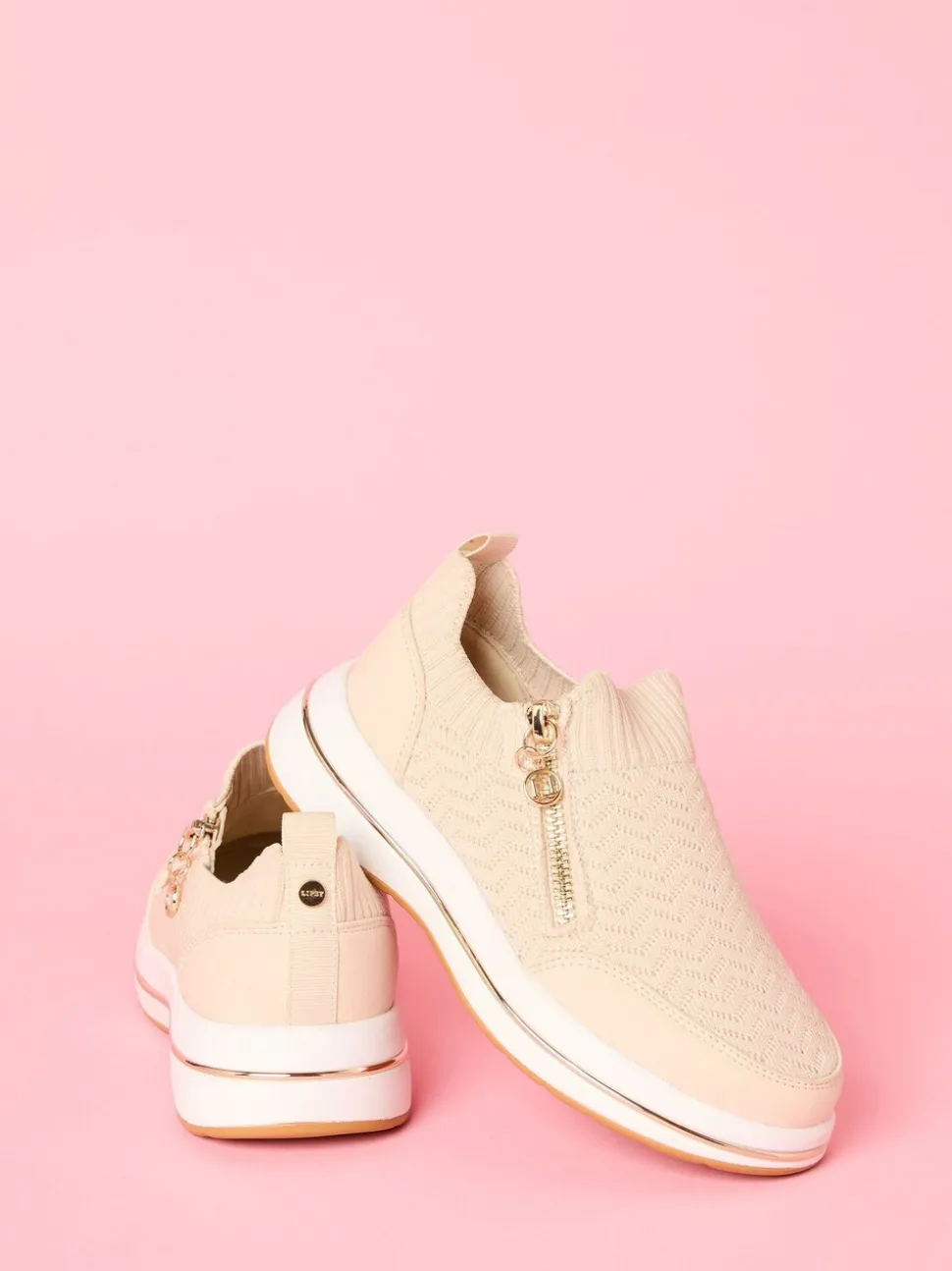 Lipsy Cream Pull On Side Zip Stretch Knit Chunky Runner Trainers