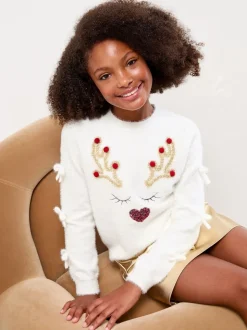 Lipsy Cream Reindeer Christmas Crew Neck Cosy Knitted Jumper (5-16yrs)
