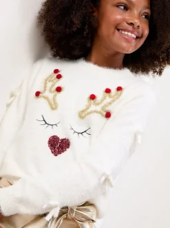 Lipsy Cream Reindeer Christmas Crew Neck Cosy Knitted Jumper (5-16yrs)