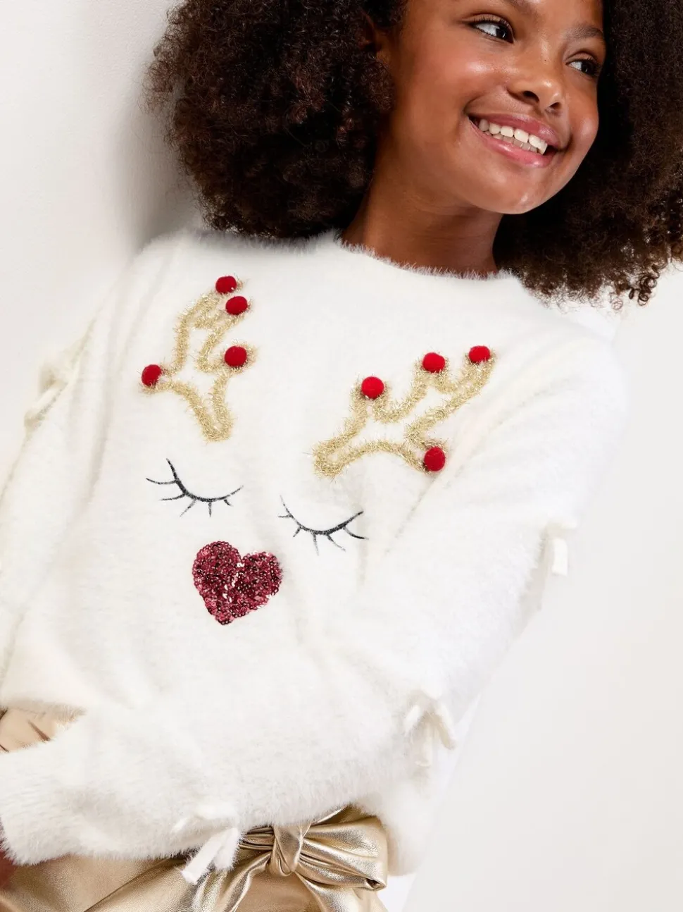 Lipsy Cream Reindeer Christmas Crew Neck Cosy Knitted Jumper (5-16yrs)