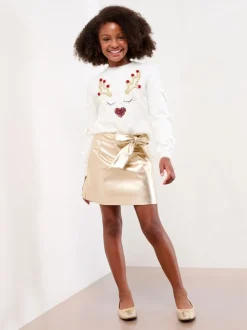 Lipsy Cream Reindeer Christmas Crew Neck Cosy Knitted Jumper (5-16yrs)