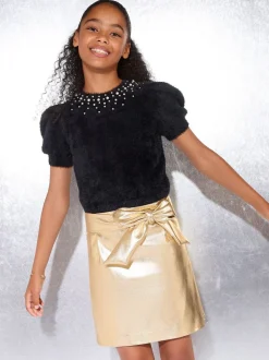 Lipsy Gold PU Bow Skirt (9-16yrs)