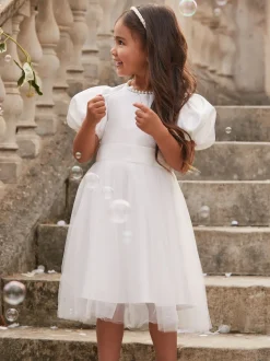 Lipsy Ivory Flower Girl Puff Sleeve Occasion Dress (2-13yrs)
