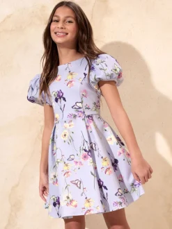 Lipsy Lilac Purple Floral Scuba Puff Sleeve Occasion Dress (5-16yrs)