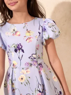 Lipsy Lilac Purple Floral Scuba Puff Sleeve Occasion Dress (5-16yrs)