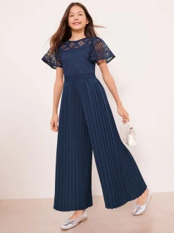 Lipsy Navy Blue Flutter Sleeve Lace Occasion Jumpsuit (5-16yrs)