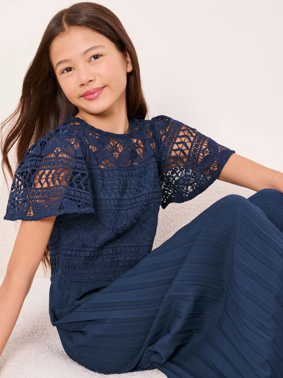 Lipsy Navy Blue Flutter Sleeve Lace Occasion Jumpsuit (5-16yrs)