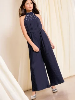 Lipsy Navy Blue Halter Embellished Occasion Jumpsuit (7-16yrs)
