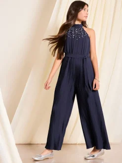Lipsy Navy Blue Halter Embellished Occasion Jumpsuit (7-16yrs)
