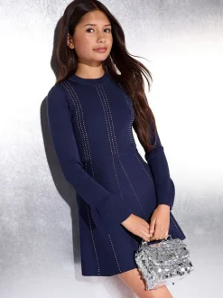 Lipsy Navy Blue Knitted Studded Party Dress (5-16yrs)