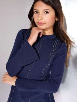 Lipsy Navy Blue Knitted Studded Party Dress (5-16yrs)