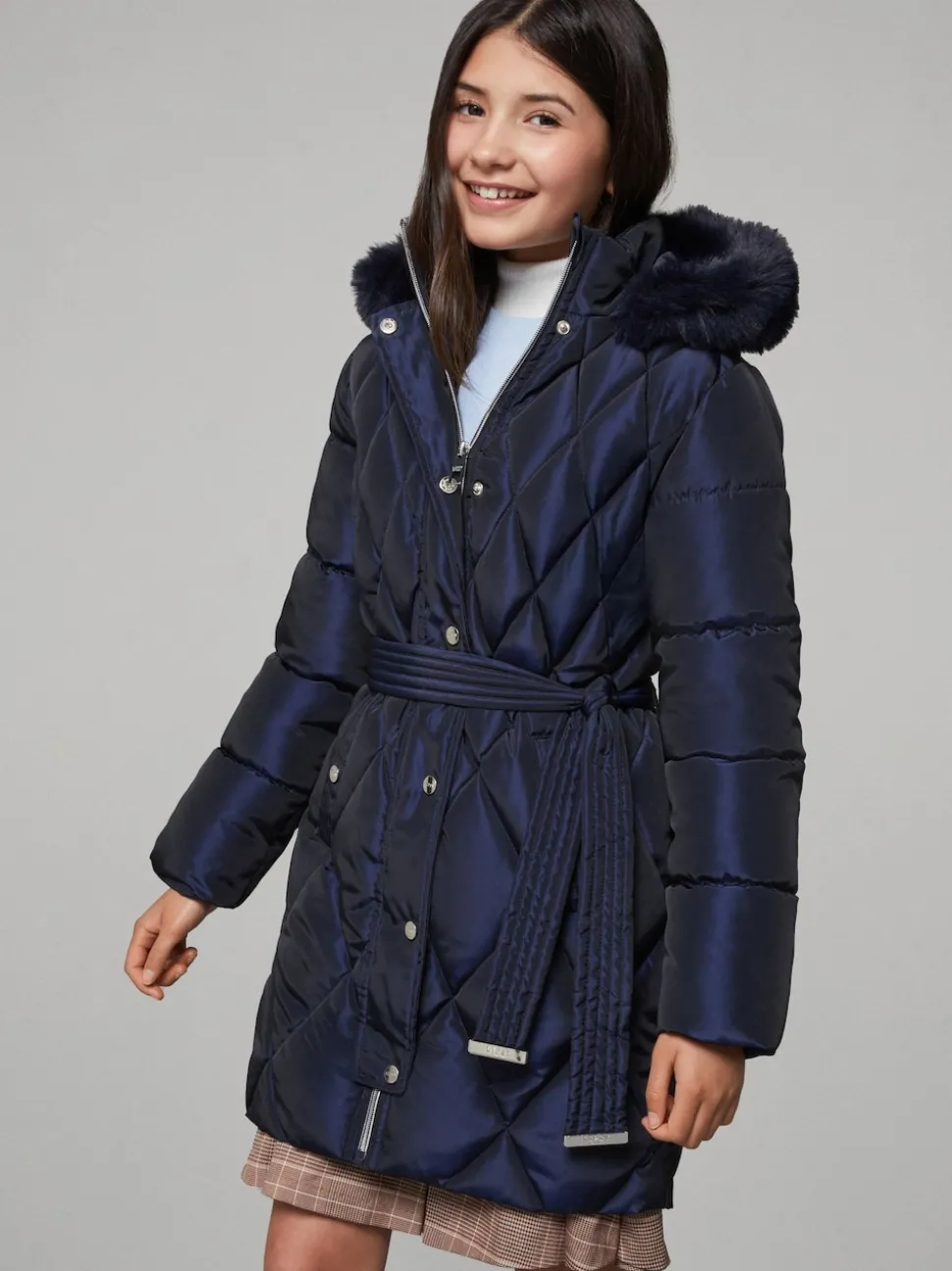 Lipsy Navy Shower Resistant Midweight Metallic Belted Puffer Coat (5-16yrs)