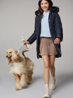 Lipsy Navy Shower Resistant Midweight Metallic Belted Puffer Coat (5-16yrs)