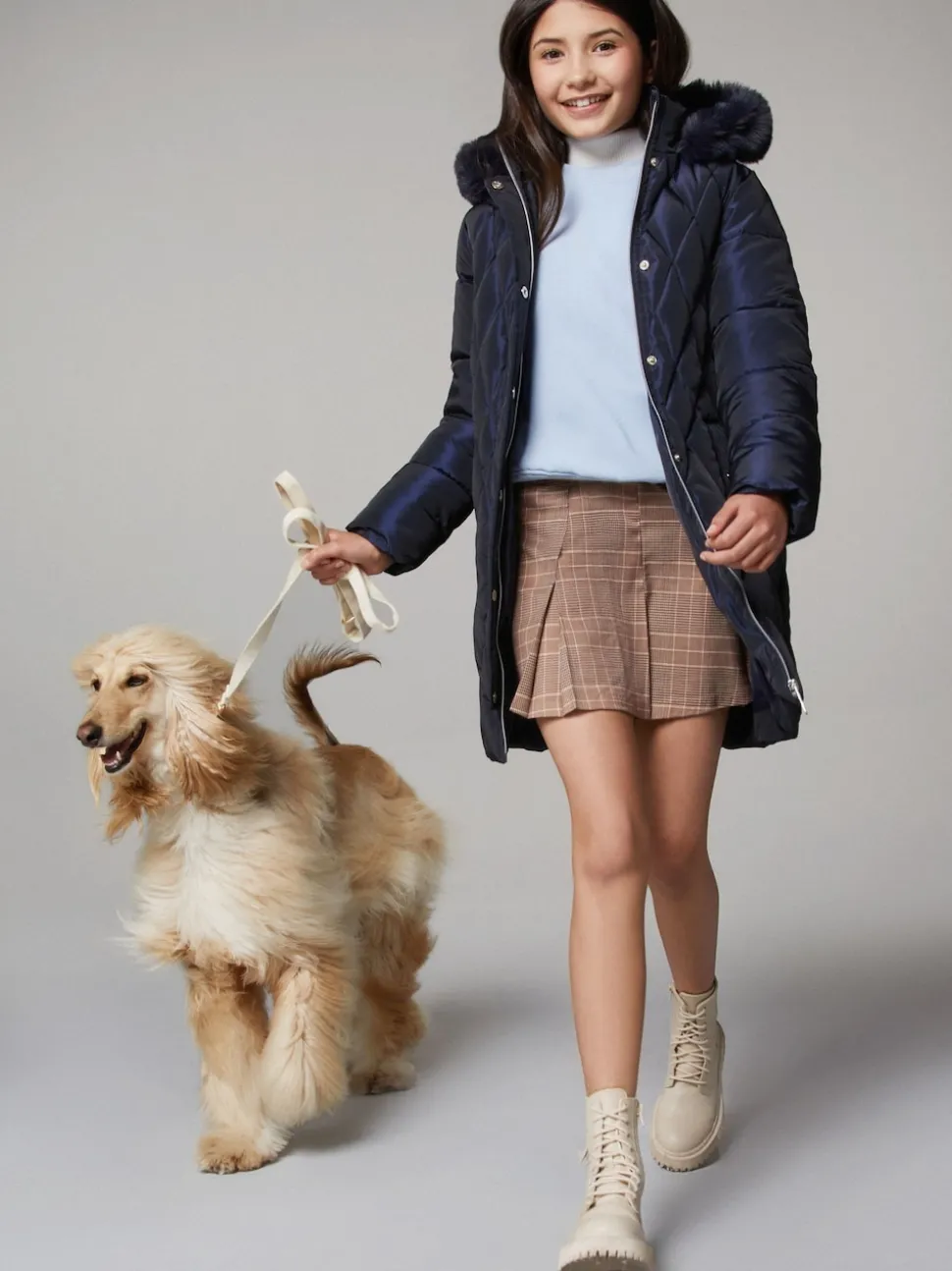Lipsy Navy Shower Resistant Midweight Metallic Belted Puffer Coat (5-16yrs)