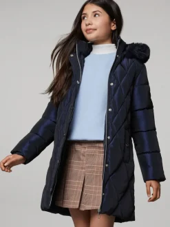 Lipsy Navy Shower Resistant Midweight Metallic Belted Puffer Coat (5-16yrs)