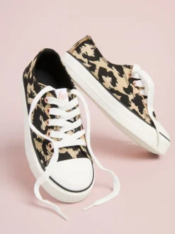 Lipsy Neutral Leopard Print Low Top Lace-Up Canvas Baseball Trainers