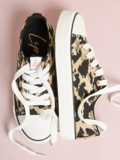 Lipsy Neutral Leopard Print Low Top Lace-Up Canvas Baseball Trainers
