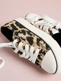 Lipsy Neutral Leopard Print Low Top Lace-Up Canvas Baseball Trainers