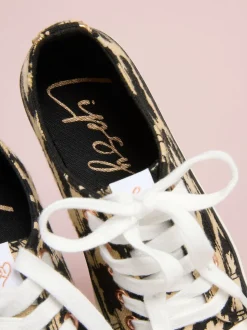 Lipsy Neutral Leopard Print Low Top Lace-Up Canvas Baseball Trainers