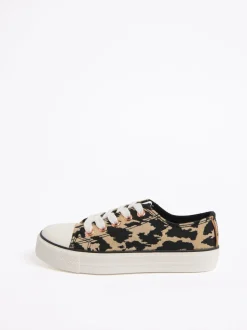 Lipsy Neutral Leopard Print Low Top Lace-Up Canvas Baseball Trainers