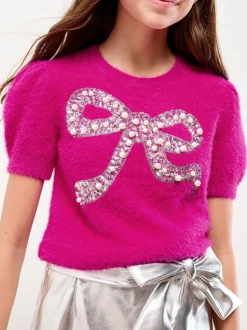 Lipsy Pink Bow Christmas Short Sleeve Crew Neck Knitted Top (5-16yrs)