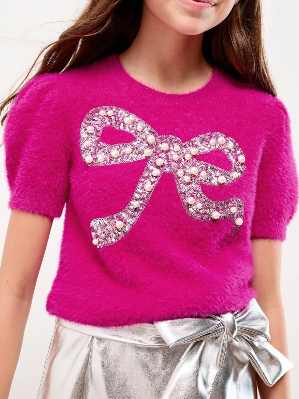 Lipsy Pink Bow Christmas Short Sleeve Crew Neck Knitted Top (5-16yrs)