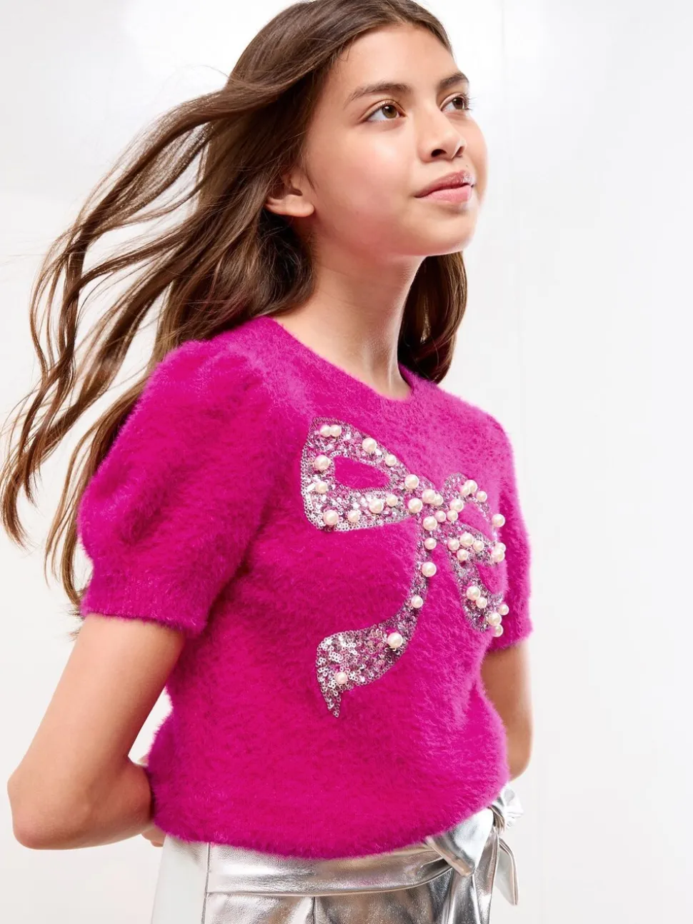 Lipsy Pink Bow Christmas Short Sleeve Crew Neck Knitted Top (5-16yrs)