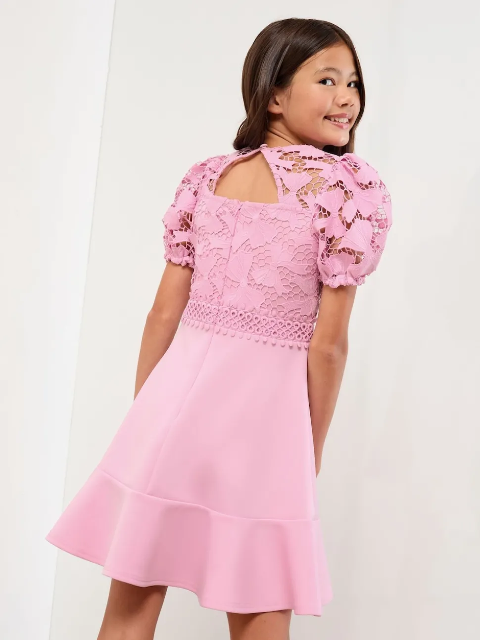 Lipsy Pink Embellished Bow Lace Scuba 2-in-1 Occasion Dress (5-16yrs)