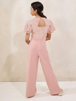 Lipsy Pink 2-In-1 Flutter Sleeve Lace Occasion Jumpsuit (5-16yrs)