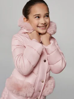 Lipsy Pink Midweight Faux Fur Trim Quilted Puffer Coat (5-16yrs)