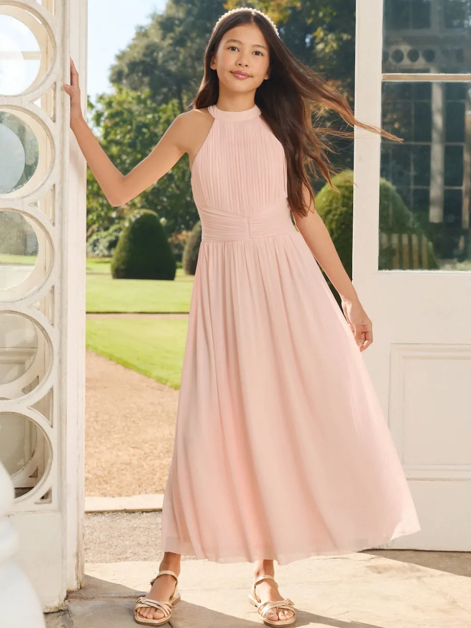 Lipsy Pink Pleated Halter Maxi Occasion Dress (5-16yrs)