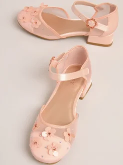 Lipsy Pink Sequin Floral Mesh Occasion Flower Girl Block Heeled Sandals