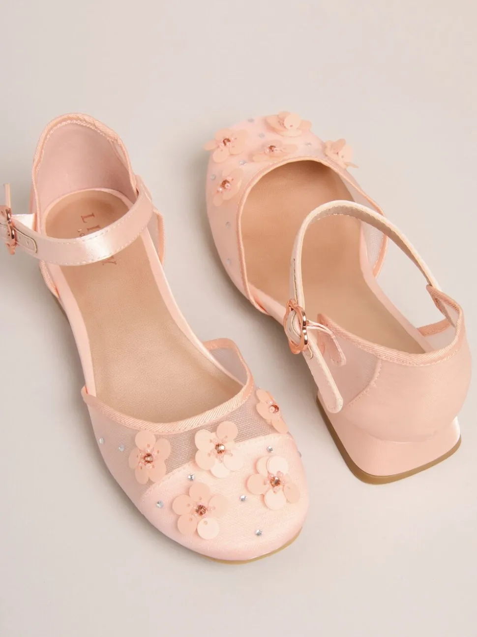 Lipsy Pink Sequin Floral Mesh Occasion Flower Girl Block Heeled Sandals