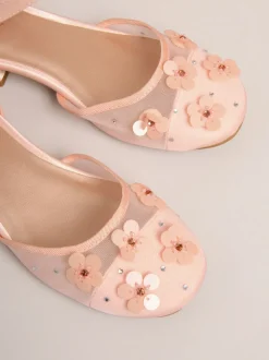 Lipsy Pink Sequin Floral Mesh Occasion Flower Girl Block Heeled Sandals
