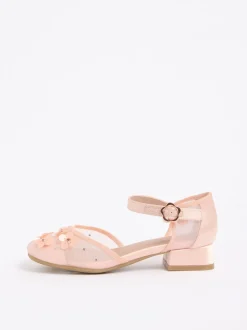 Lipsy Pink Sequin Floral Mesh Occasion Flower Girl Block Heeled Sandals