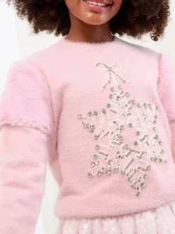 Lipsy Pink Snowflake Christmas Crew Neck Cosy Knitted Jumper (5-16yrs)