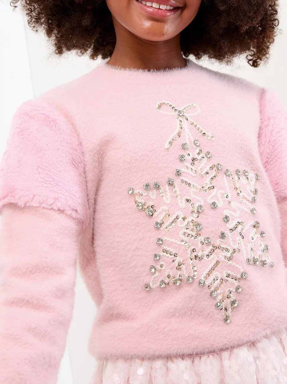 Lipsy Pink Snowflake Christmas Crew Neck Cosy Knitted Jumper (5-16yrs)