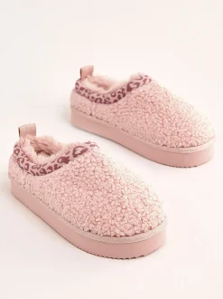 Lipsy Pink Standard Fit (F) EVA Leopard Print Trim Borg Fluffy Slip On Clog Slippers