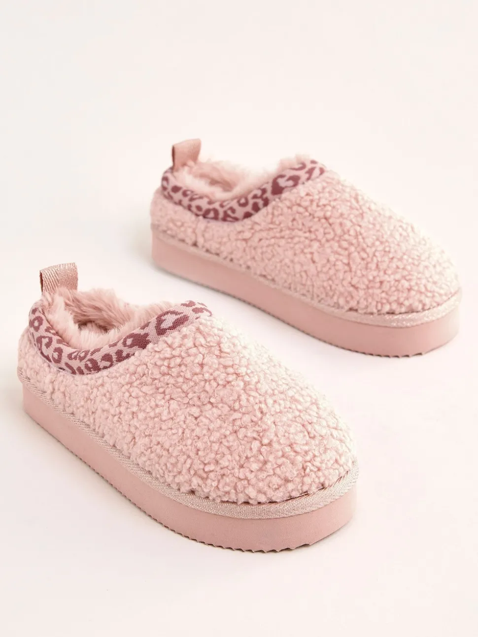 Lipsy Pink Standard Fit (F) EVA Leopard Print Trim Borg Fluffy Slip On Clog Slippers