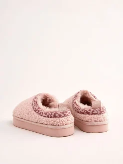 Lipsy Pink Standard Fit (F) EVA Leopard Print Trim Borg Fluffy Slip On Clog Slippers