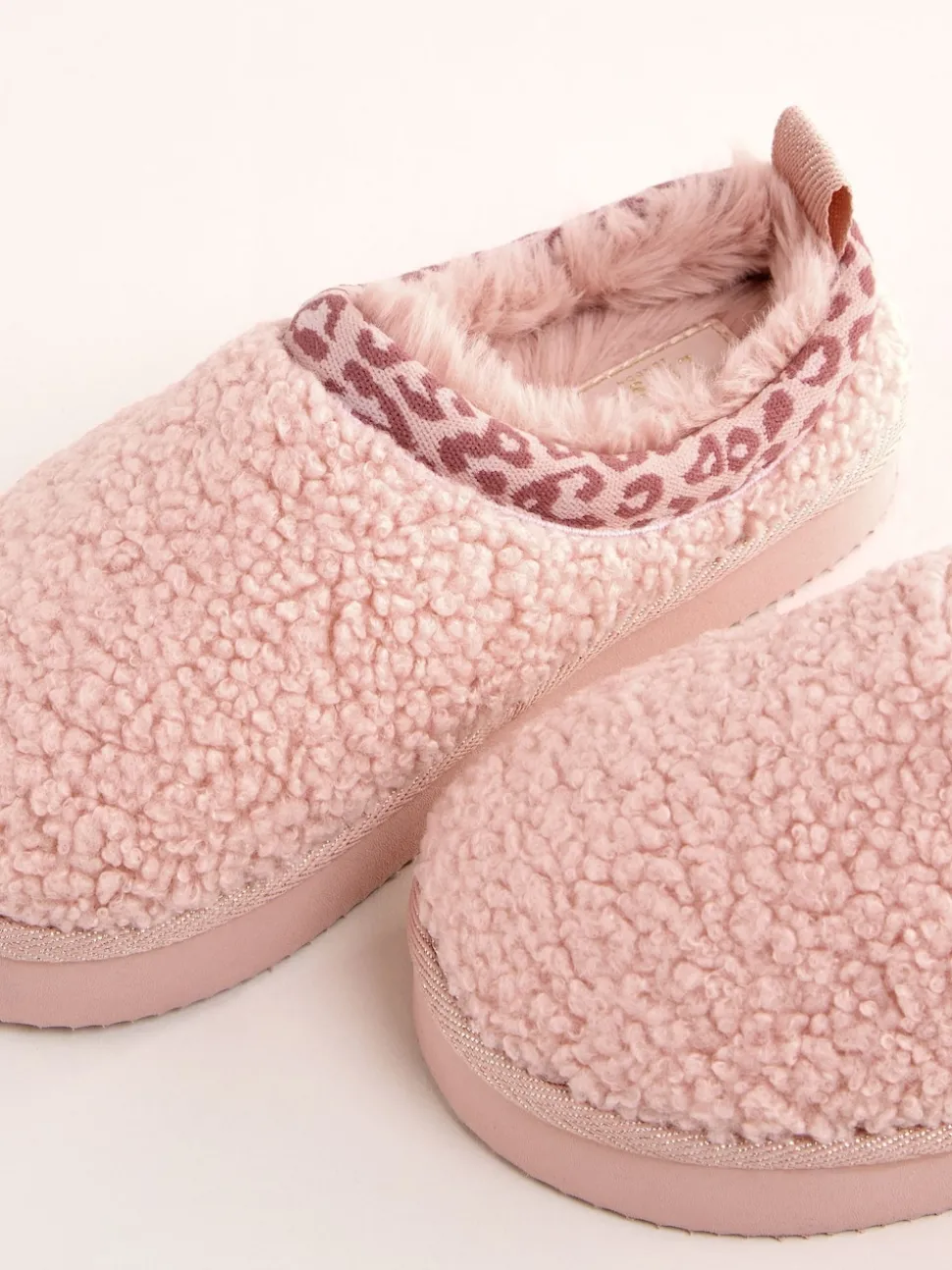 Lipsy Pink Standard Fit (F) EVA Leopard Print Trim Borg Fluffy Slip On Clog Slippers