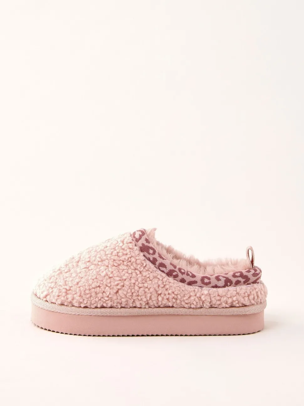 Lipsy Pink Standard Fit (F) EVA Leopard Print Trim Borg Fluffy Slip On Clog Slippers