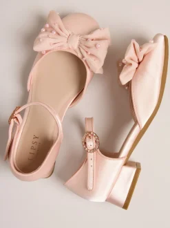 Lipsy Pink Standard Fit (F) Low Block Heel Pearl Bow Occasion Flower Heeled Sandals